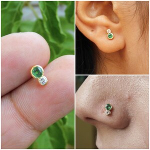14K Gold Natural Emerald Diamond Piercing And Stud Nose Pin Tiny Earring Gold Nose Stud Screw Ball Piercing