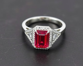 Anillo de rubí sintético talla esmeralda – Oro blanco de 14k, anillo de diamantes de circonita cúbica para regalo
