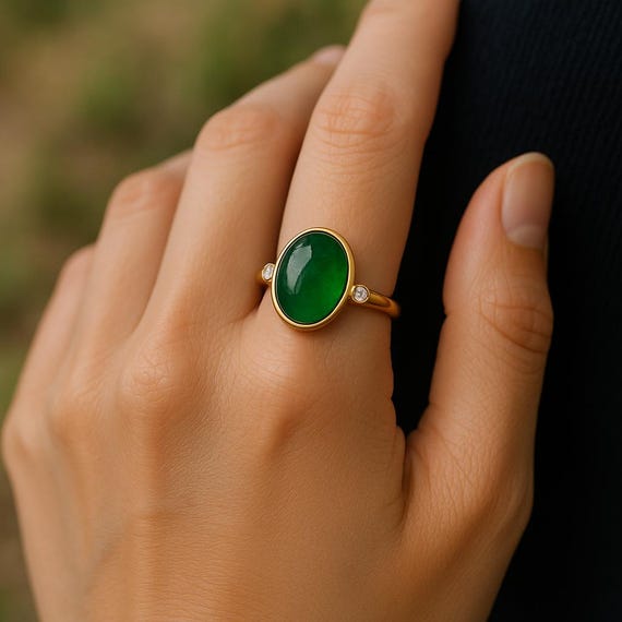 Oval Real Emerald Diamond Ring 14k Gold Women ,s Emerald Ring