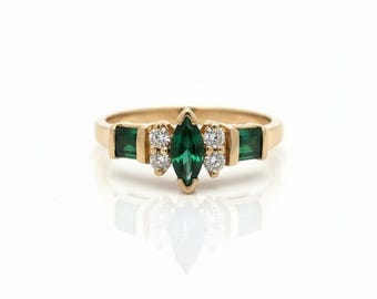 Anillo de marquesa de esmeralda auténtica - Anillo de oro de 14k - Anillo de compromiso y boda - Anillo de diamantes para propuesta de matrimonio para mujer
