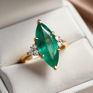 Long Marquise Emerald Ring: 14k Gold Real Diamond Vintage Style Ring