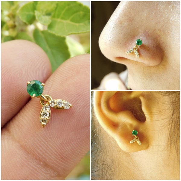 14K Gold Natural Emerald Diamond Piercing And Screw Nose Pin - Gift For Wife , Anniversary Gift