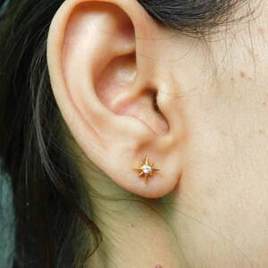 May include: A gold star-shaped earring with a small clear stone in the center.
