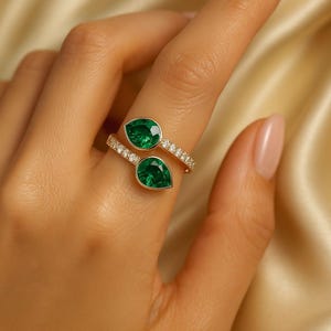 Adjustable Emerald Ring - 14k Solid Gold Real Emerald Diamond Ring - Pear Emerald Ring - Bezel Set Ring, Best Women Gift Ring, Handmade Ring