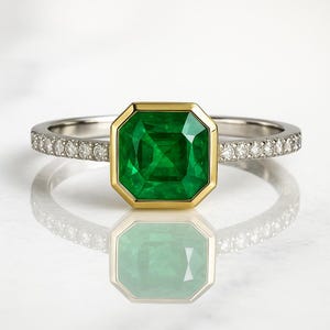 Octagon Emerald Ring - 14k Solid Gold Real Zambian Emerald Diamond Ring - Bezel Set Ring For Women