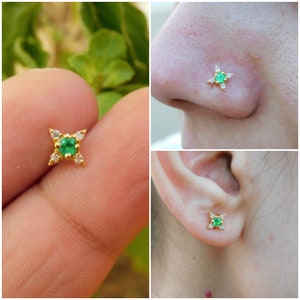 14K Gold Natural Emerald Stud Earring And Indian Nose Pin Diamond Piercing & Diamond Nose Ring Body Piercing