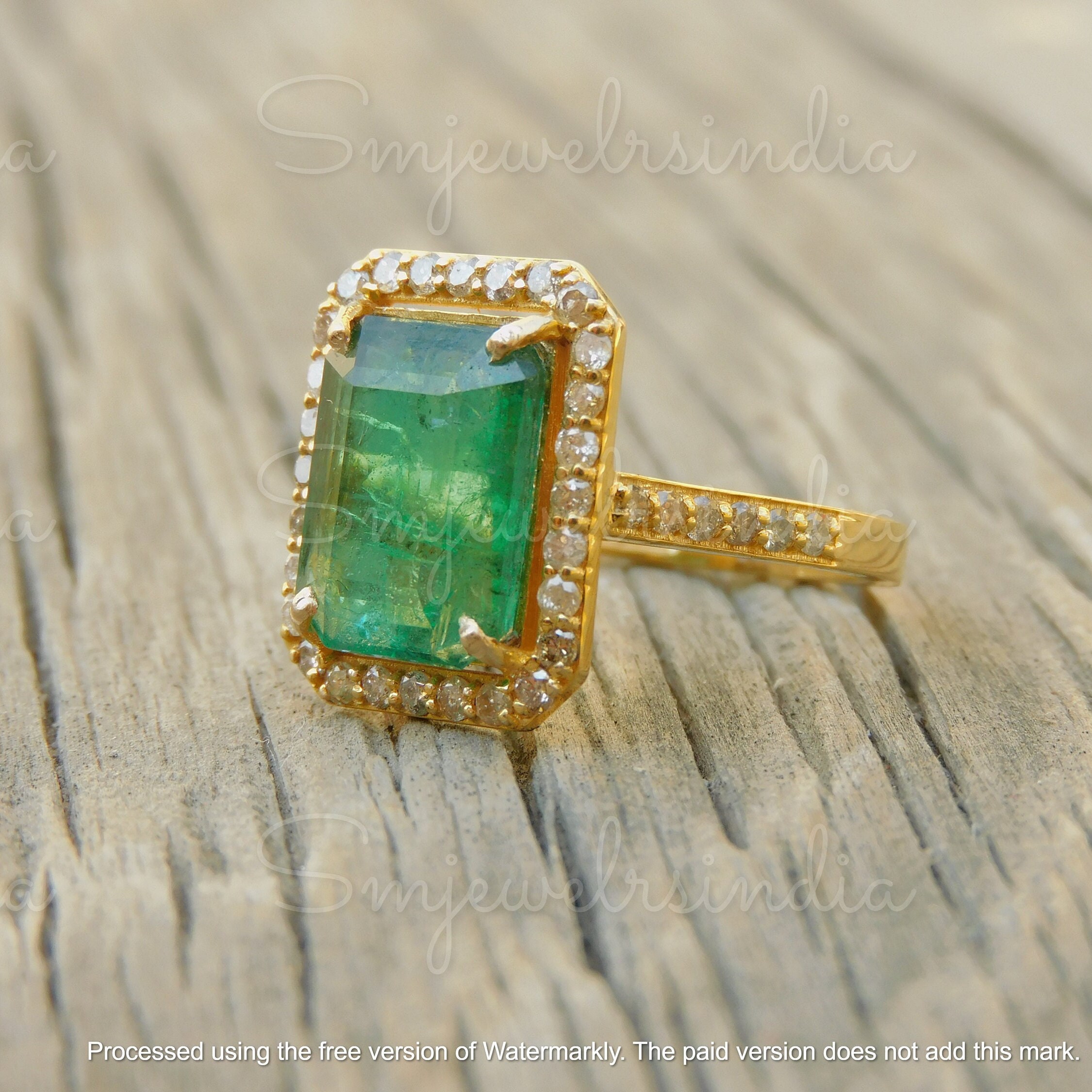 18k Real Gold Real Emerald Diamond Ring - Women 18K Gold Gift Ring - 4. ...