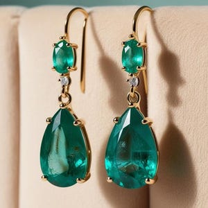 Pear Emerald Diamond Earrings: 14K Gold Dangle Earrings