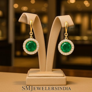 Real Emerald Diamond Modern Halo Earrings - 14k Gold Emerald Cluster Earrings - Green Bridal Earring - Diamond Gift Earring - Gift For Her