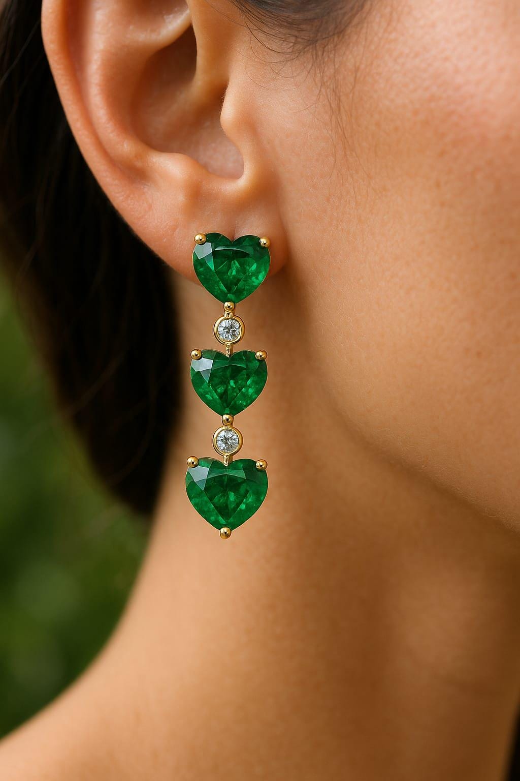 14k Gold Natural Emerald Heart Diamond Earrings: May Birthstone