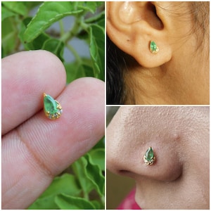 14K Gold Natural Emerald Dainty Nose Ring And Stud Piercing For Women Body Piercing Emerald Earrings
