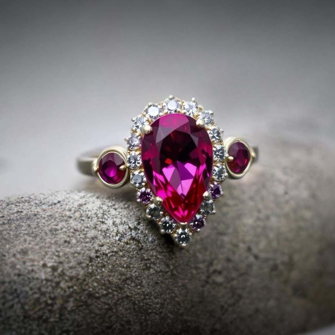 Lab Pink Ruby & Diamond Ring - 14k Gold Pear Ruby Ring - Modern ...