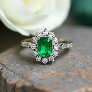 Oval Zambian Emerald Ring: 14k Gold Diamond Halo Ring