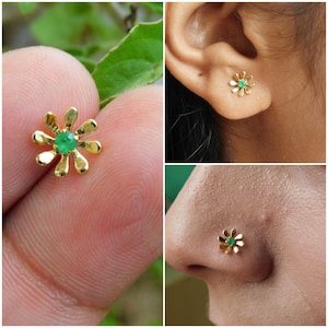 14k Gold Natural Emerald Indian Nose Ring And Stud Piercing For Girls Unique Eye Piercing Flat back Earring Emerald Piercing