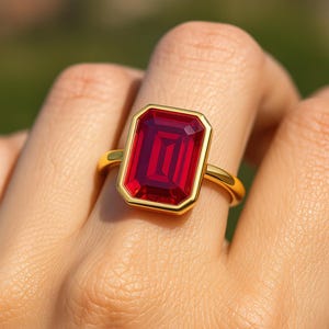 Emerald Cut Ruby Ring - 14k Solid Gold Bezel Set Ruby Ring - Solitaire Ruby Ring - Ruby Engagement Ring - Wedding Anniversary Ring