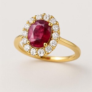 Op de afbeelding: Een gouden ring met een ovale robijn in het midden, omringd door een halo van kleine, ronde diamanten. De ring heeft een eenvoudige gouden band. De robijn is dieprood, de diamanten schitteren. Klassiek ontwerp.