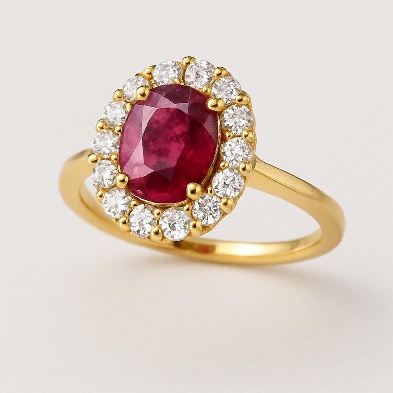 Op de afbeelding: Een gouden ring met een ovale robijn in het midden, omringd door een halo van kleine, ronde diamanten. De ring heeft een eenvoudige gouden band. De robijn is dieprood, de diamanten schitteren. Klassiek ontwerp.