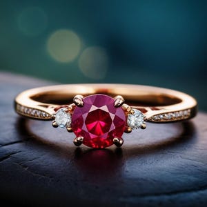 May include: A gold ring with a large, deep red ruby gemstone surrounded by two smaller, clear diamonds.