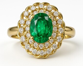 グリーンCZハローリング：ヴィンテージ風オーバルカットスターリング