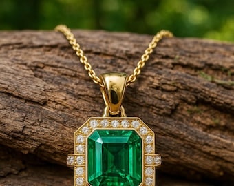 Real Emerald Diamond Pendant - 14k Solid Gold Bezel Set