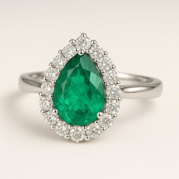 6x8mm Pear Real Emerald Wedding Band Ring 14k Emerald Diamond