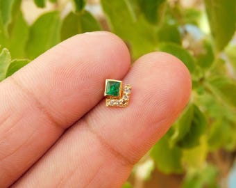 Natural Emerald 14k Diamond Studs Nose Ring, Solid Gold Studs, May Birthstone Stud Piercing, 14k Gold Piercing Gift For Christmas