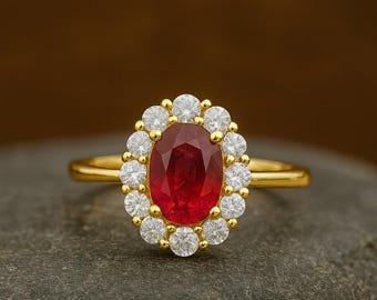 Anello ovale con rubino - Anello in oro massiccio 18 carati con rubino - Anello con rubino e diamanti - Anello semplice con rubino - Anello con rubino da laboratorio - Anello con pietra portafortuna di luglio - Anello con pietra rossa