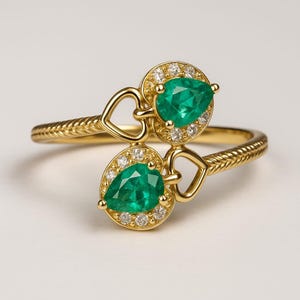 14K Gold Pear Emerald Ring: Real Diamond Halo Engagement Ring