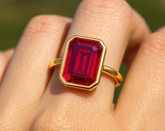 Anillo solitario de rubí talla esmeralda, anillo de compromiso de rubí en oro macizo de 14 quilates, anillo de piedra natal de julio, anillo de San Valentín, regalo de aniversario de bodas