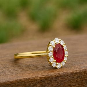 Op de afbeelding: Een gouden ring met een ovale, rode robijn omringd door kleine witte edelstenen. De ring ligt op een houten oppervlak, met een vage groene achtergrond. Klassiek ontwerp.