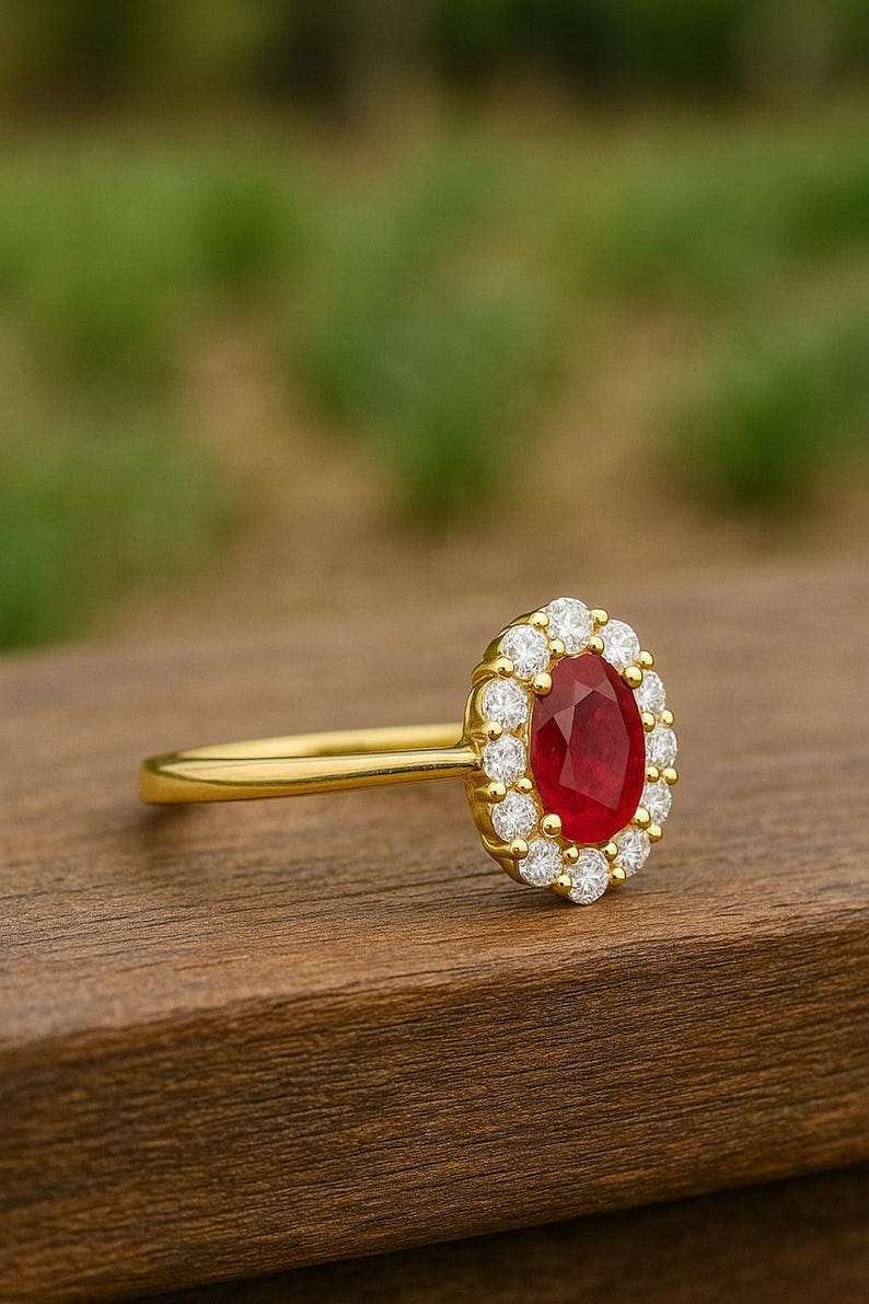 Op de afbeelding: Een gouden ring met een ovale, rode robijn omringd door kleine witte edelstenen. De ring ligt op een houten oppervlak, met een vage groene achtergrond. Klassiek ontwerp.