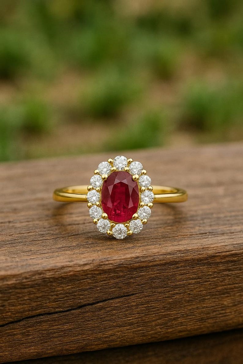 Op de afbeelding: Een gouden ring met een grote ovale robijn als middensteen, omringd door een halo van kleinere, ronde diamanten. De ring is gezet op een dunne, gepolijste gouden band, die het levendige rood van de robijn en de schittering van de diamanten benadrukt. De ring ligt op een houten oppervlak.