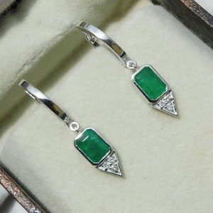 Emerald Cut Real Emerald & Diamond Earrings - 14k Emerald Earring - Women Gift Earring - Anniversary Gift Earring - Dangle Drop Earring