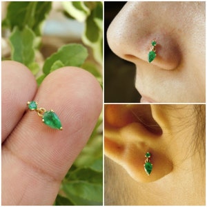 14K Gold Natural Emerald Piercing And Stud Nose Pin Tiny Earring Gold Nose Stud Screw Ball Piercing
