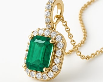 3.70 Crt Real Emerald Cut Emerald Pendant - 14k Solid Gold Emerald Diamond Pendant - Women Birthday Gift - May Birthstone Pendant, Prong Set