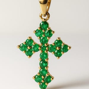 14k Gold Emerald Cross Pendant: Zambian Gemstone Christian Jewelry