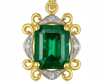Colgante de esmeralda estilo vintage - Colgante de oro macizo de 14k con esmeralda y diamantes auténticos - Colgante con talla esmeralda