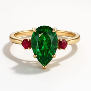 May include: A gold ring with a large, pear-cut emerald as the central stone, accompanied by two smaller, round rubies. The emerald is a vivid green, and the rubies are a rich red. The ring has a timeless, sophisticated design.