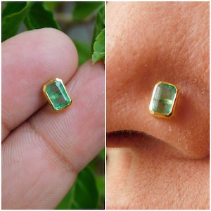 Natural Emerald 14K Gold Piercing And Indian Nose Ring For Women Cartilage Stud Emerald Nose Pin And Screw Back Earring