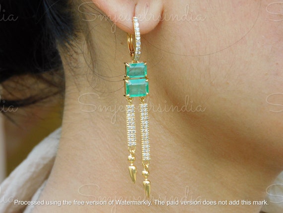 14k Gold Long Emerald & Diamond Earrings - 14k Real Emerald Earrings - Antique Emerald Long earrings - Dangle Earring - Wedding Gift Earring