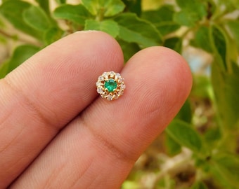 14k Solid Gold Natural Emerald Diamond Piercing And Indian Nose Pin Screw Back Stud Piercing , Gift For Christmas
