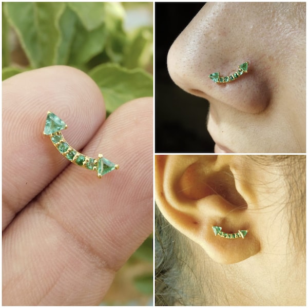 14k Gold Natural Emerald Piercing And Indian Nose Pin - Screw Ball Piercing For Women