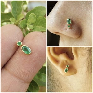 14k Gold Natural Emerald Piercing & Nose Pin - Balls Piercing , Dainty Piercing - 2 Stone Piercing For Women