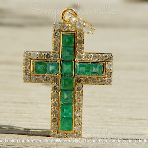 14k Zambian Emerald & Diamond Cross Pendant - May Birthstone Pendant - Emerald Cross Pendant For Women - Religious Pendant - Christmas Gift