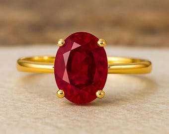 Solitär Rubin Ring - 14k Solid Gold Lab Rubin Ring - 3.80 Crt Oval Rubin Ring - Einfacher Rubin Ring für Frauen - Täglicher Gebrauch Ring - Juli Geburtsstein