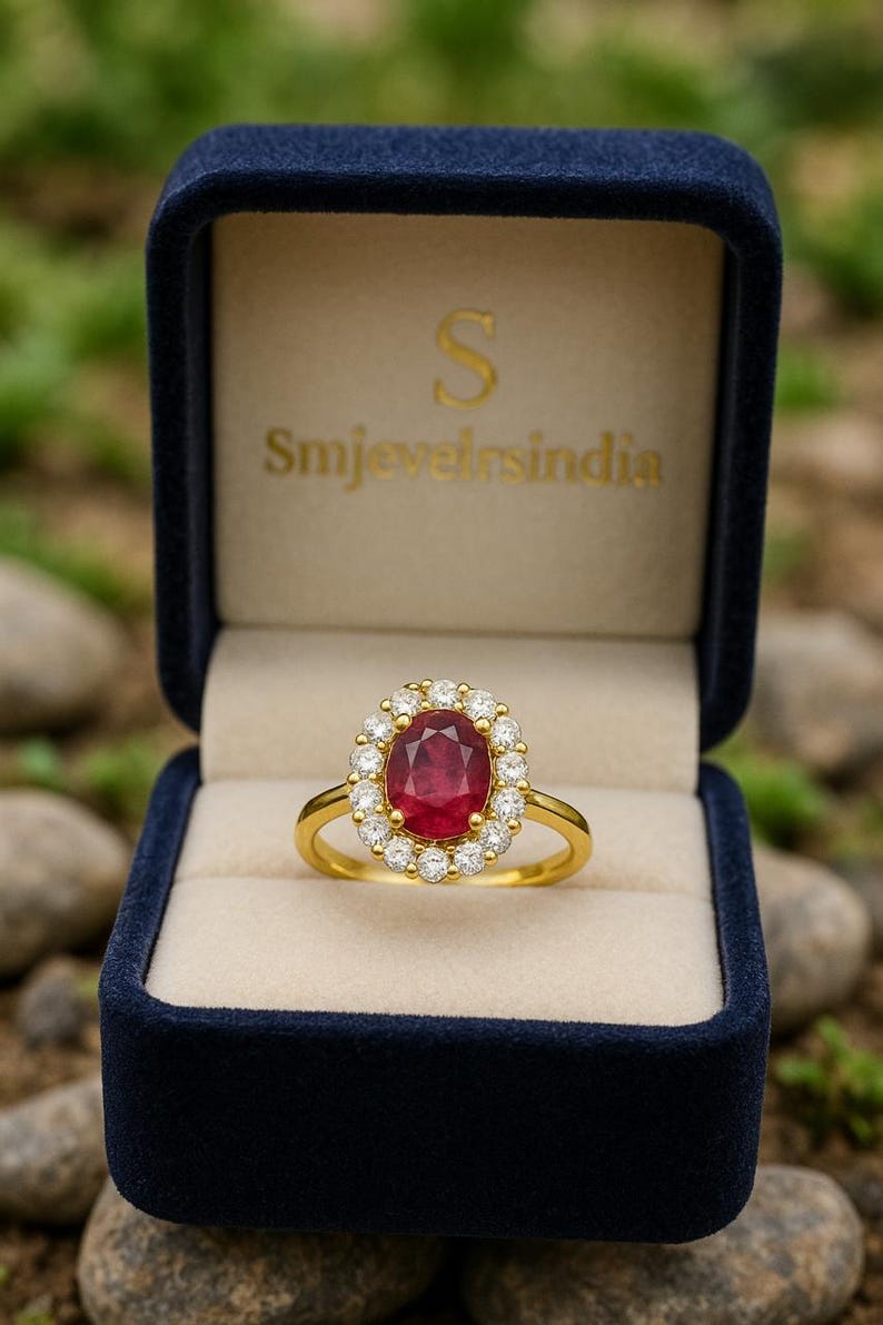Op de afbeelding: Een gouden ring met een grote ovale robijn in het midden, omringd door een halo van kleine diamanten. De ring wordt gepresenteerd in een donkerblauwe fluwelen ringdoos. De tekst "Smjevelsindia" is zichtbaar.