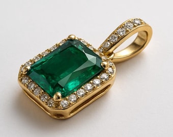 Real Emerald Cut Emerald & Diamond Styles Pendant - 14k Solid Gold Birthstone
