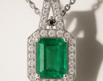 Emerald Cut Real Emerald Pendant: 14k Gold,  Diamond Accents