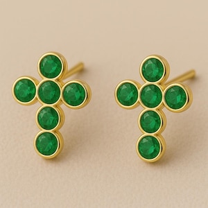 Cross Real Emerald Earring - 18k Solid Gold Cross Studs May Birthstones Earring - Bezel Set Earring - Cross Stud Earrings, Push Back Earring