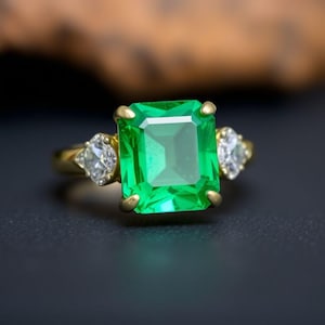 オクタゴンカット 3.10 カート エメラルド リング - 14k ゴールド 天然ダイヤモンド エメラルド リング - かわいいエメラルド リング - エメラルド ハロー リング - シンプルなエメラルド リング